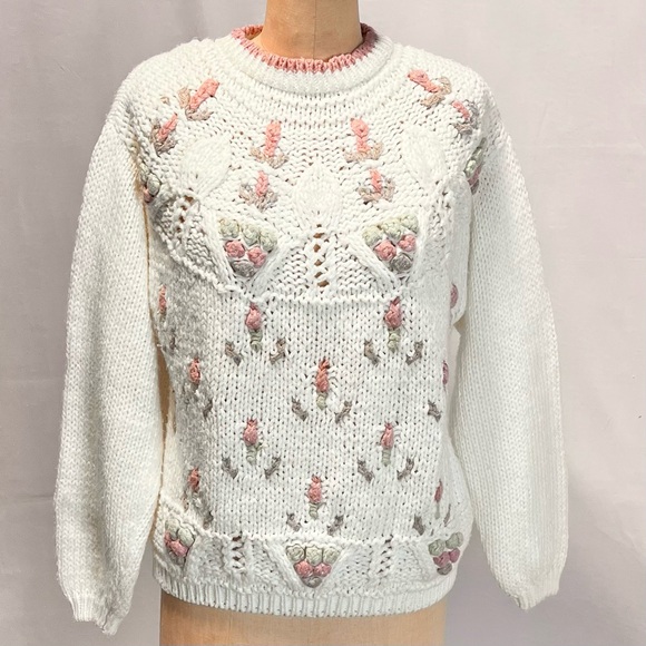 VINTAGE cottage floral chunky knit sweater feminine romantic 80s 90s cottagecore - Picture 8 of 14